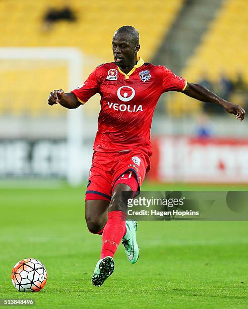 Bruce Djite of Adelaide United in action during the round 22 A-League match between the Wellington Phoenix and Adelaide United at Westpac Stadium on...