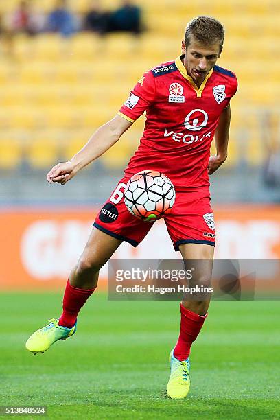 Stefan Mauk of Adelaide United in actionduring the round 22 A-League match between the Wellington Phoenix and Adelaide United at Westpac Stadium on...