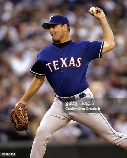 Kenny Rogers of the Texas Rangers pitches against the Seattle Mariners on October 2, 2004 at Safeco Field in Seattle, Washington.