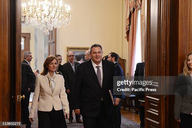 Panos Kamenos, leader of Independent Greeks Party and Minister of Defence, is entering the hall in which the conclave of Greek Political Leaders is...