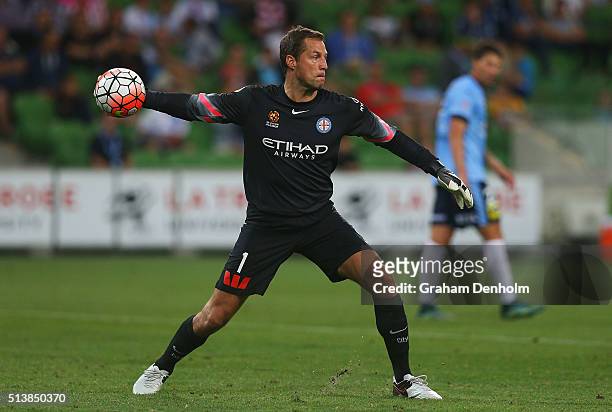 Thomas Sorensen of Melbourne City throws to a teammate during the round 22 A-League match between Melbourne City FC and Sydney FC at AAMI Park on...