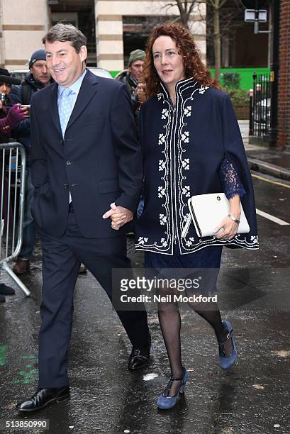 Rebekah Brooks and Charlie Brooks arrive for the wedding of Jerry Hall and Rupert Murdoch at St Brides Church on Fleet Street on March 5, 2016 in...