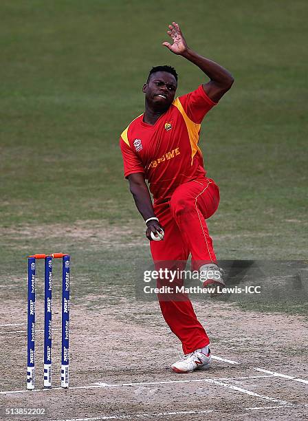 Tawanda Mupariwa of Zimbabwe in action during the ICC Twenty20 World Cup warm-up match between Ireland and Zimbabwe at the HPCA Stadium on March 5,...