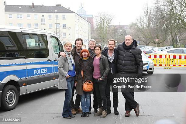 Anna Schudt, Joerg Hartmann, Sonja Goslicki, Frank Toensmann, Aylin Tezel, Stefan Konarske and Thomas Jauch during a photocall on set of the WDR...