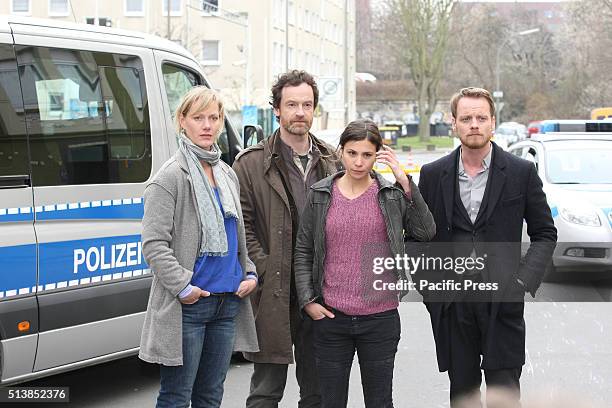 Actors Anna Schudt, Joerg Hartmann, Aylin Tezel and Stefan Konarske during a photocall on set of the WDR Tatort 'Zahltag'.