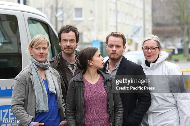 Actors Anna Schudt, Joerg Hartmann, Aylin Tezel, Stefan Konarske and Sybille J. Schedwill during a photocall on set of the WDR Tatort 'Zahltag'.