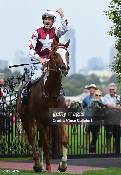 Mark Zahra riding Palentino after winning Race 7, the Australian Guineas during Melbourne Racing at Flemington Racecourse on March 5, 2016 in...