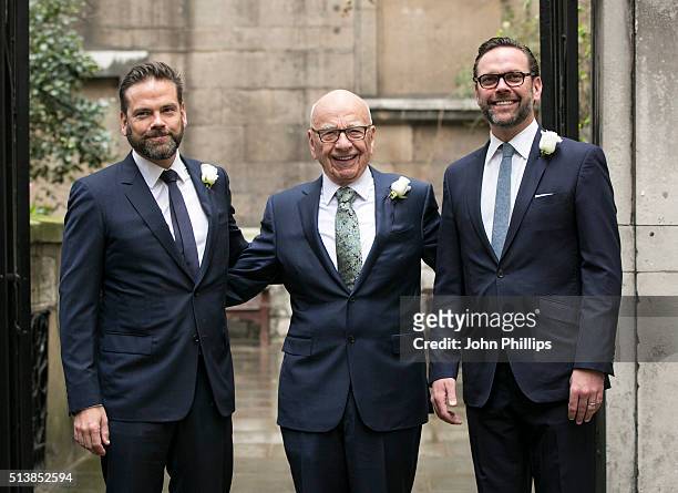 Rupert Murdoch arrives at St Bride's Church in London accompanied by his sons James and Lachlan for a ceremony of celebration a day after the media...