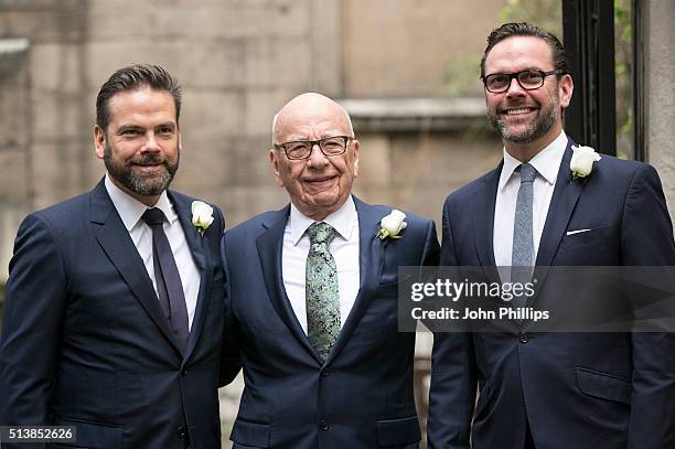 Rupert Murdoch arrives at St Bride's Church in London accompanied by his sons James and Lachlan for a ceremony of celebration a day after the media...