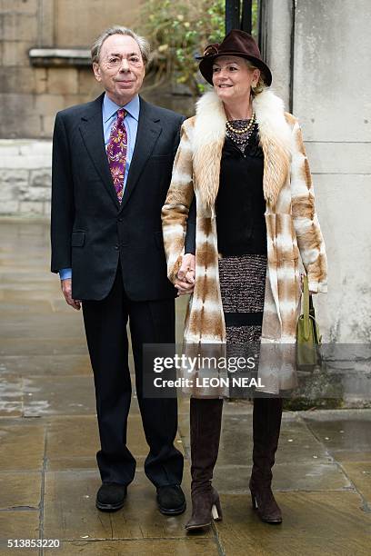 British composer Andrew Lloyd Webber his wife Madeleine Gurdon arrive at St Bride's church on Fleet Street in central London on March 5 to attend a...