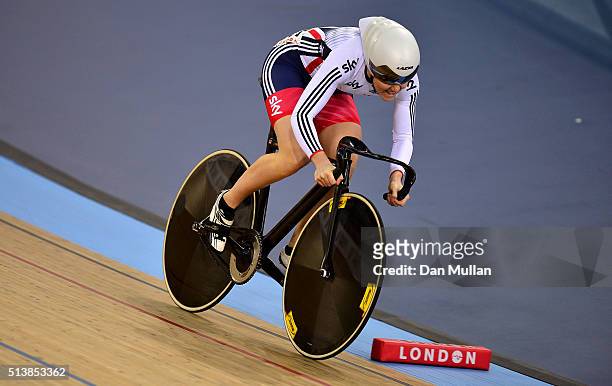 Jessica Varnish of Great Britain competes in the Women's Sprint Qualification during Day Four of the UCI Track Cycling World Championships at Lee...