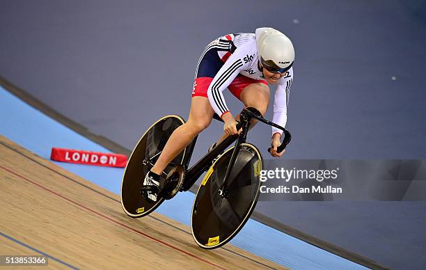 Jessica Varnish of Great Britain competes in the Women's Sprint Qualification during Day Four of the UCI Track Cycling World Championships at Lee...