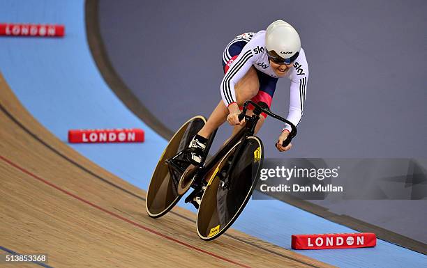 Jessica Varnish of Great Britain competes in the Women's Sprint Qualification during Day Four of the UCI Track Cycling World Championships at Lee...