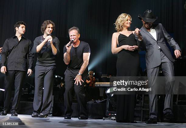 Musicians William Joseph, Josh Groban, actor Robin Williams, singer Faith Hill and singer Tim McGraw perform on stage during the Andre Agassi...
