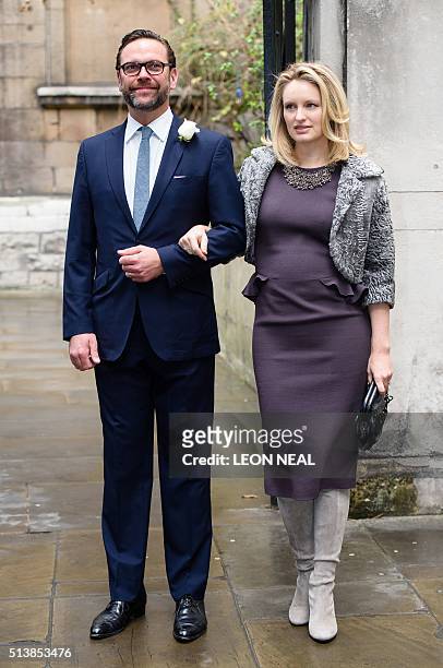 James Murdoch and his wife Kathryn Hufschmid arrive at St Bride's church on Fleet Street in central London on March 5 to attend a ceremony of...