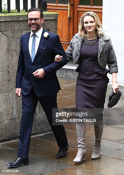 James Murdoch and his wife Kathryn Hufschmid arrive at St Bride's church on Fleet Street in central London on March 5 to attend a ceremony of...