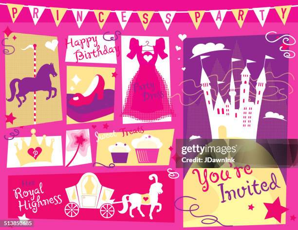 princess party themed design set yellow and pink horizontal - princess-castle-background stock illustrations