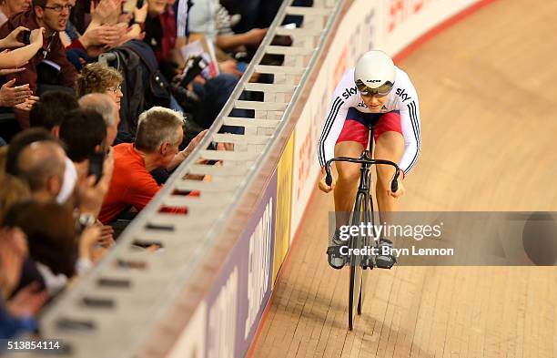 Jessica Varnish of Great Britain competes in the Women's Sprint Qualification during Day Four of the UCI Track Cycling World Championships at Lee...