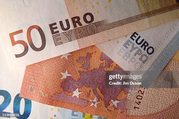 Detail of the five, ten, twenty and fifty Euro bank notes, on March 4, 2016 in London, England.