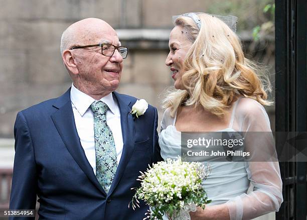 Rupert Murdoch and Jerry Hall seen leaving St Brides Church after their wedding on March 5, 2016 in London, England.