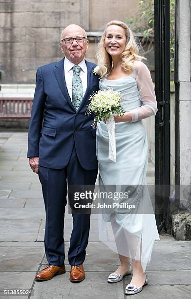 Rupert Murdoch and Jerry Hall seen leaving St Brides Church after their wedding on March 5, 2016 in London, England.