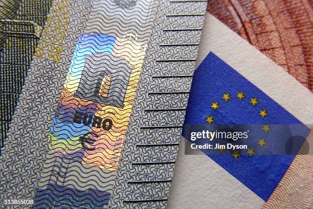 Detail of a five Euro bank note with hologram design, on March 4, 2016 in London, England.