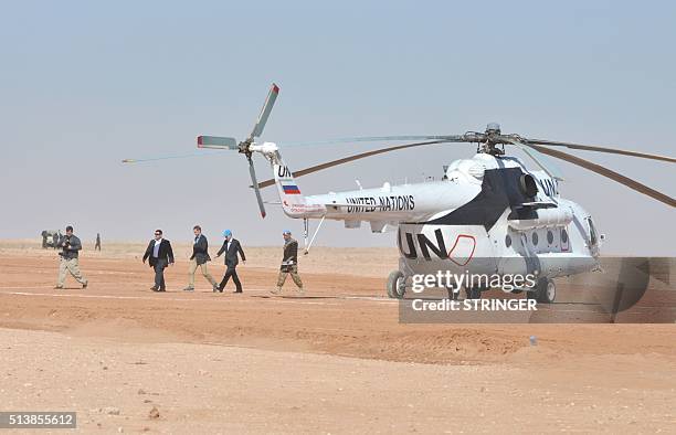 Secretary General Ban Ki-moon arrives at the Smara refugee camp in Algeria's Tindouf province in the disputed territory of Western Sahara, on March...