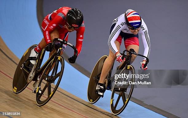 Wai Sze Lee of Hong Kong competes against Jessica Varnish of Great Britain in the Women's Sprint 1/8 Finals during Day Four of the UCI Track Cycling...