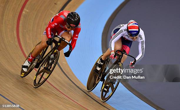 Wai Sze Lee of Hong Kong competes against Jessica Varnish of Great Britain in the Women's Sprint 1/8 Finals during Day Four of the UCI Track Cycling...