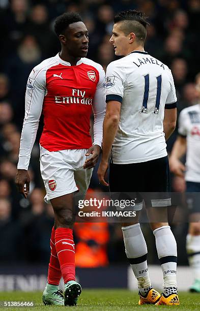 Tottenham Hotspur's Argentinian midfielder Erik Lamela remonstrates with Arsenal's English striker Danny Welbeck during the English Premier League...