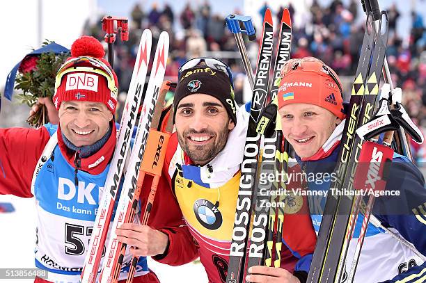 Martin Fourcade of France wins the gold medal, Ole Einar Bjoerndalen of Norway wins the silver medal, Sergey Semenov of Ukraine wins the bronze medal...