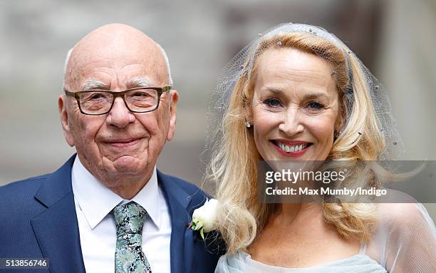 Rupert Murdoch and Jerry Hall leave St Bride's Church after their wedding on March 5, 2016 in London, England.