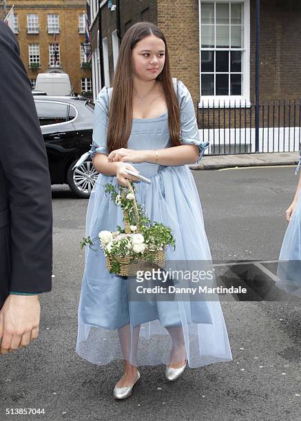Grace Murdoch arrive at Spencer House for their wedding reception on March 5, 2016 in London, England.