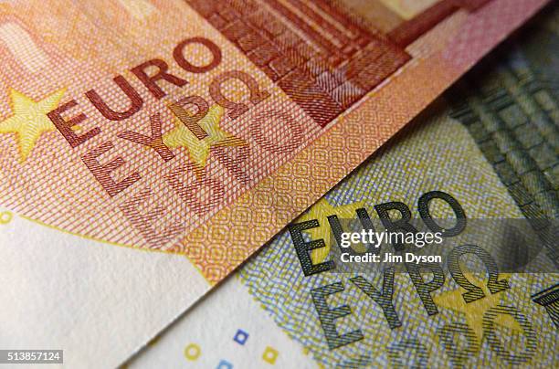 Detail of the five and ten Euro bank notes, on March 4, 2016 in London, England.