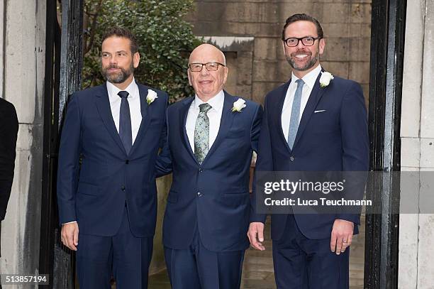 Rupert Murdoch arrives at St Bride's Church in London accompanied by his sons James and Lachlan attends the wedding of Jerry Hall and Rupert Murdoch...