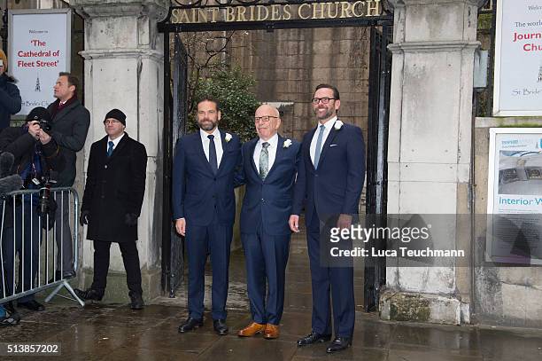 Rupert Murdoch arrives at St Bride's Church in London accompanied by his sons James and Lachlan attends the wedding of Jerry Hall and Rupert Murdoch...