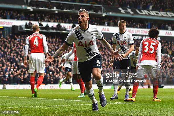 Toby Alderweireld of Tottenham Hotspur celebrates scoring his team's first goal during the Barclays Premier League match between Tottenham Hotspur...
