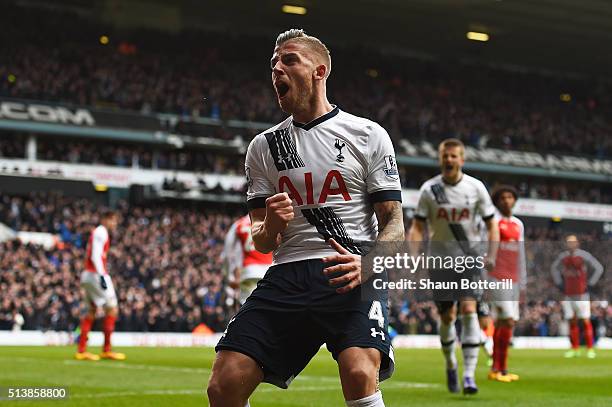Toby Alderweireld of Tottenham Hotspur celebrates scoring his team's first goal during the Barclays Premier League match between Tottenham Hotspur...