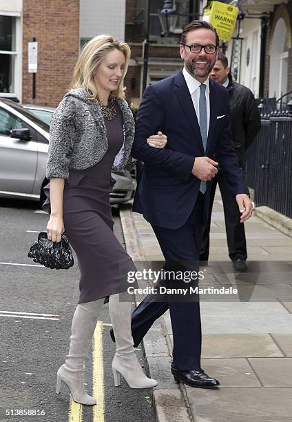 James Murdoch and wife Kathryn Hufschmid arrive at Spencer House for their wedding reception on March 5, 2016 in London, England.