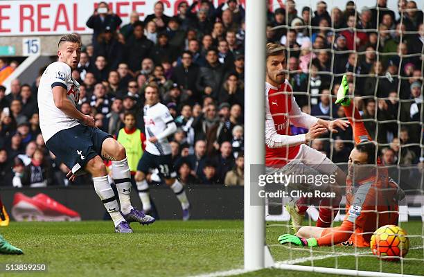 Toby Alderweireld of Tottenham Hotspur scores his team's first goal during the Barclays Premier League match between Tottenham Hotspur and Arsenal at...