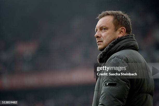 Head coach Andre Breitenreiter of Schalke looks on prior to the Bundesliga match between 1. FC Koeln and FC Schalke 04 at RheinEnergieStadion on...