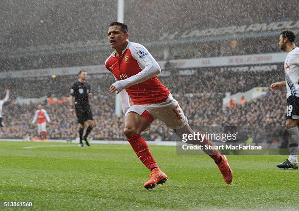 Alexis Sanchez celebrates scoring the 2nd Arsenal goal during the Barclays Premier League match between Tottenham Hotspur and Arsenal at White Hart...