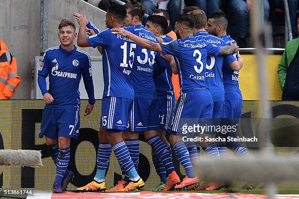 Max Meyer of Koeln celebrates with team mates after scoring his team's second goal during the Bundesliga match between 1. FC Koeln and FC Schalke 04...