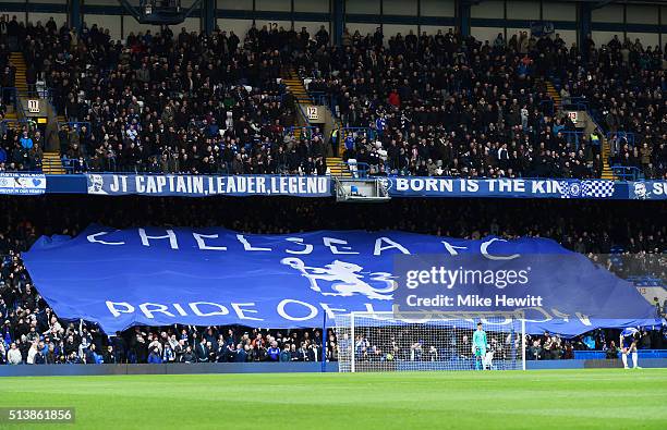 Chelsea supporters roll out the flag prior to the Barclays Premier League match between Chelsea and Stoke City at Stamford Bridge on March 5, 2016 in...