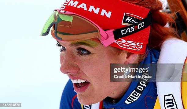 Gabriela Soukalova of Czech Republic competes in the women's 7.5km sprint during day three of the IBU Biathlon World Championships at Holmenkollen on...