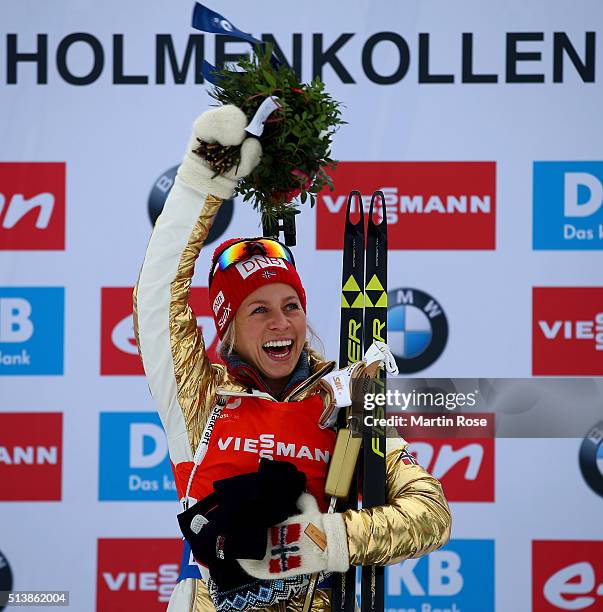 Tiril Eckhoff of Norway celebrates after winning the gold medal in the women's 7.5km sprint during day three of the IBU Biathlon World Championships...