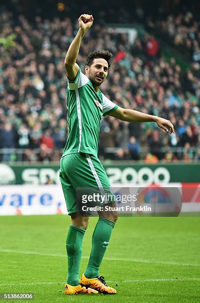 Claudio Pizarro of Bremen celebrates scoring his goal during the Bundesliga match between Werder Bremen and Hannover 96 at Weserstadion on March 5,...