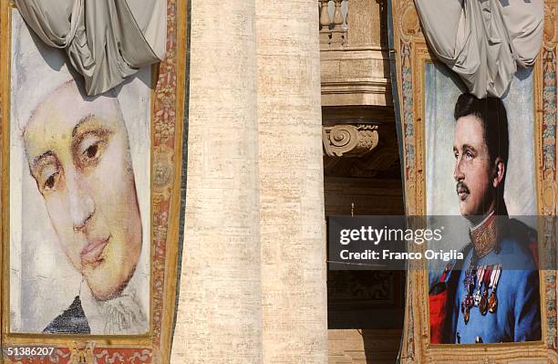 Tapestries featuring the portraits of beatified: German mystic nun, Anna Katharina Emmerick, who inspired Mel Gibson's film, "The Passion of The...