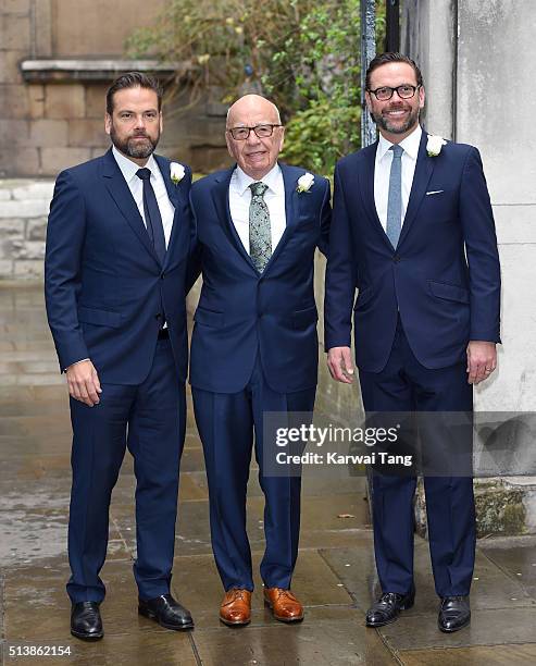 Rupert Murdoch arrives at St Bride's Church in London accompanied by his sons James and Lachlan for a ceremony of celebration a day after the media...