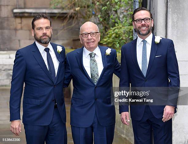 Rupert Murdoch arrives at St Bride's Church in London accompanied by his sons James and Lachlan for a ceremony of celebration a day after the media...